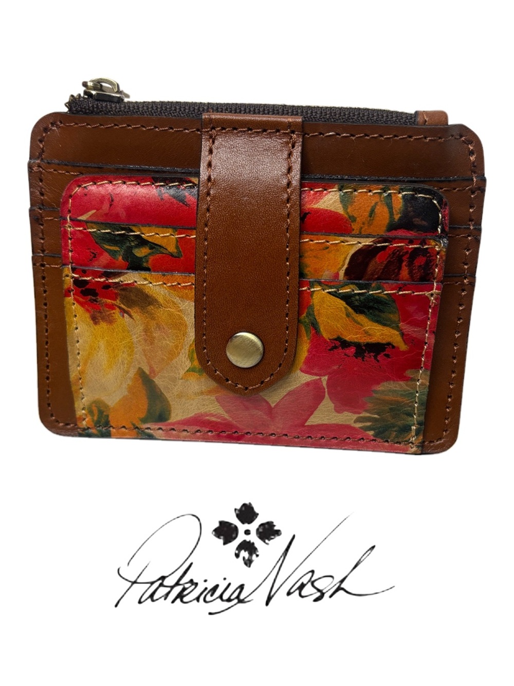 🔥Patricia Nash Brown Leather Card Wallet with Red Floral Front